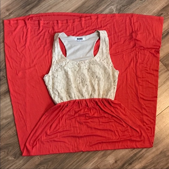 Cream and Coral lace maxi dress with lace top - Picture 1 of 3